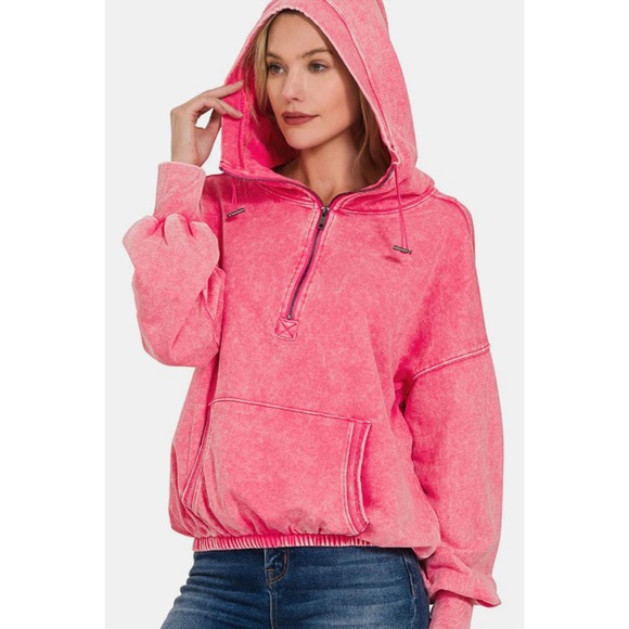 Zenana Outfitters Tops - Zenana‎ acid wash fleece half zip hoodie hot pink